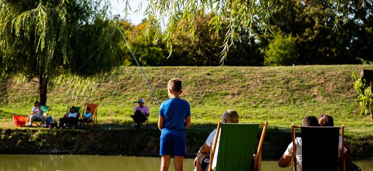 Young boy fishing by a pond on a sunny day, surrounded by trees and relaxed people.